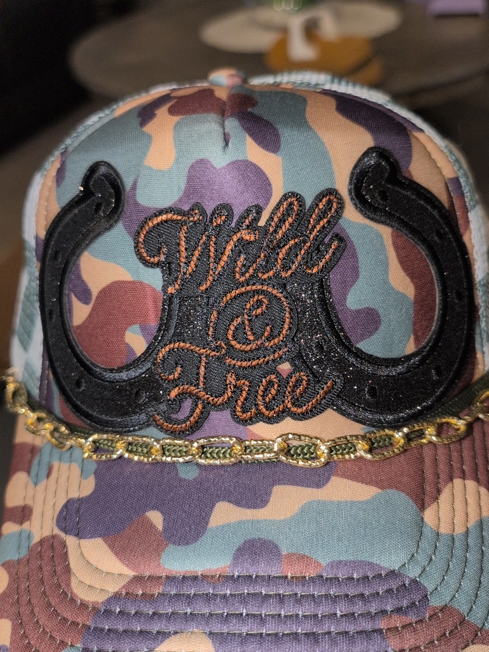Wild & Free Camouflage Trucker Hat with Gold Chain